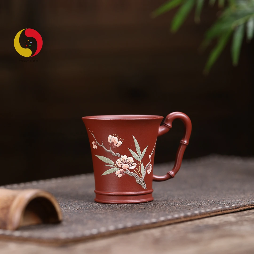 宜兴 朱泥桃花泥绘竹节手把杯 品茗主人杯