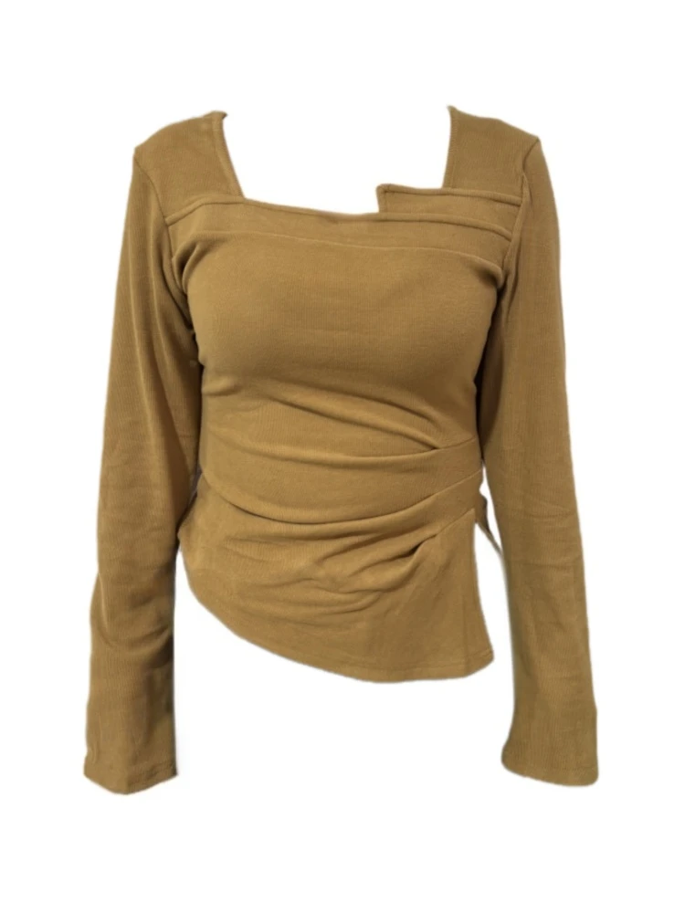 Amy家 微胖mm纯欲风方领长袖T恤女秋冬设计感下摆开叉不规则上衣