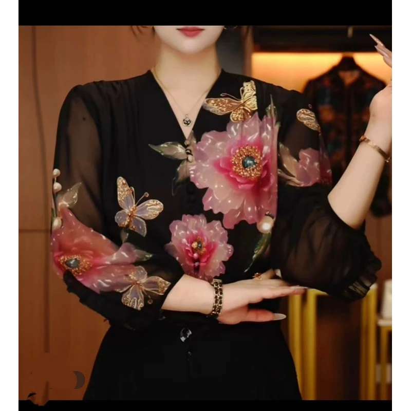 【黑芍药】高端定位印花气质百搭女衬衣！洋气七分袖V领显瘦小衫2526