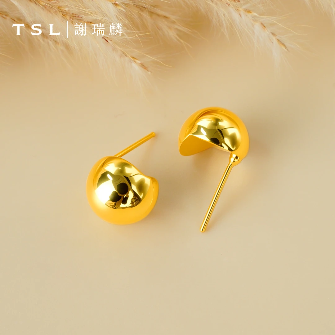 TSL/谢瑞麟5D足金简约百搭亮面黄金耳饰