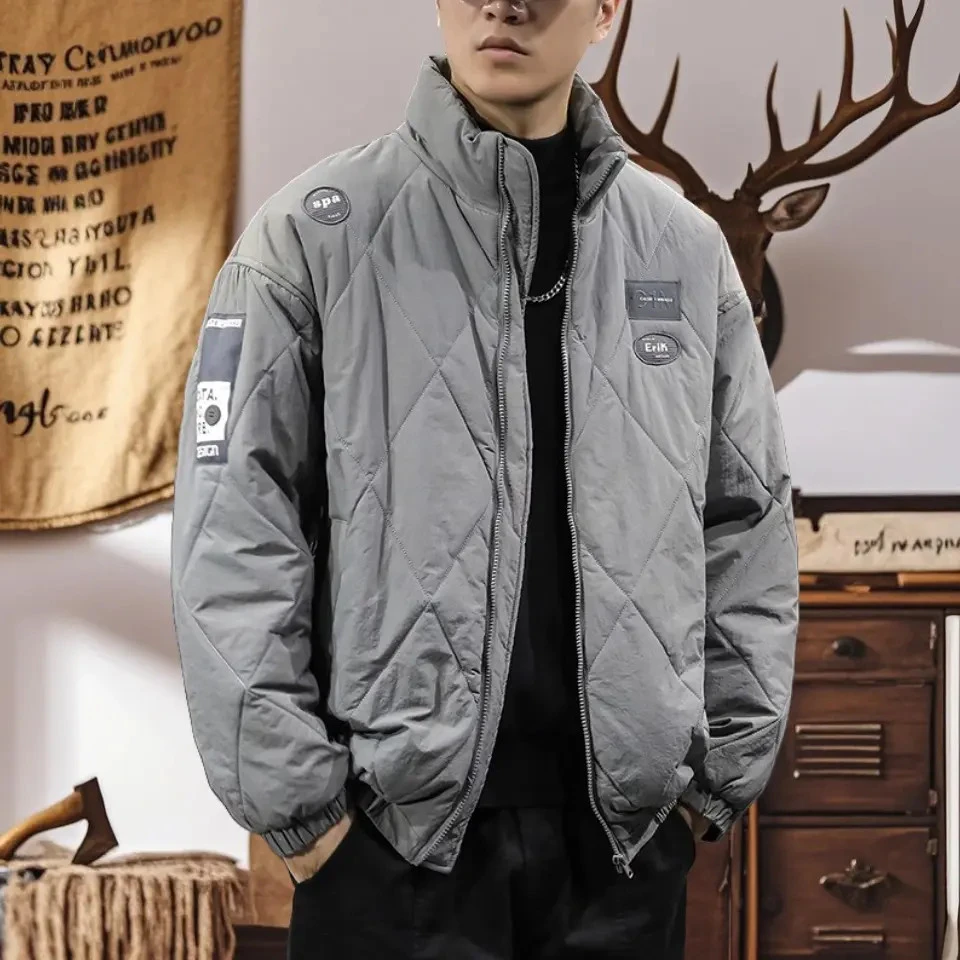 冬季潮牌美式菱形格休闲男士棉服轻薄保暖立领面包服宽松棉衣外套