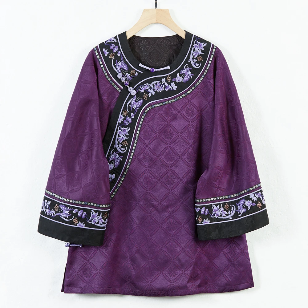 华族经典【紫萱】紫色高端刺绣圆领新中式复古唐装上衣中长款250509
