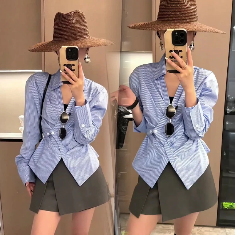 2025春装新款设计感翻领斜襟收腰衬衣不规则条纹长袖衬衫上衣女士