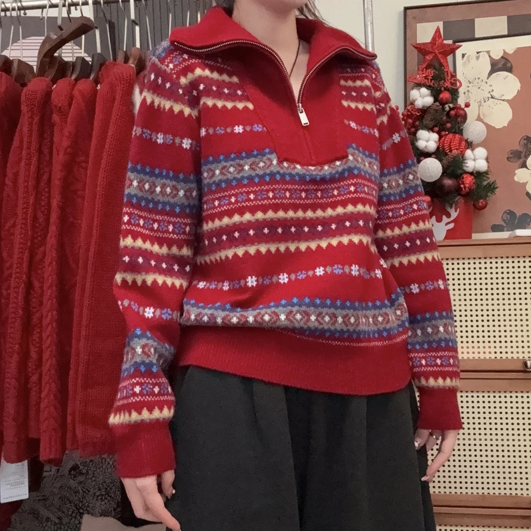 IXIAN女装-冬季宽松型半拉链款羊毛衫时尚休闲慵懒费尔岛毛衣