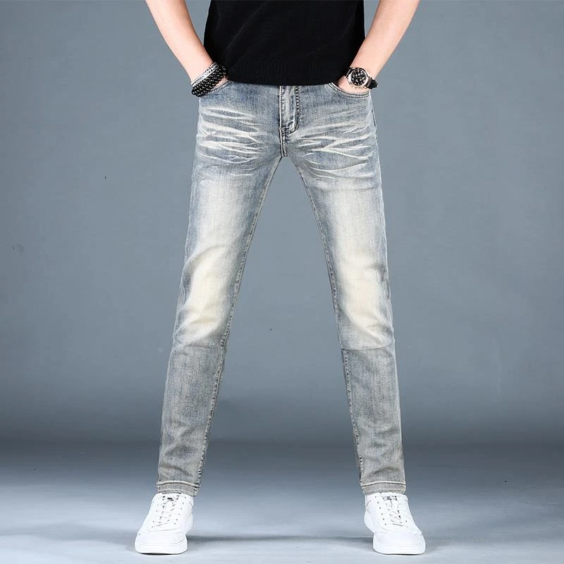 2025秋季薄款高端复古男士牛仔裤男韩版潮流弹力百搭修身小脚裤男