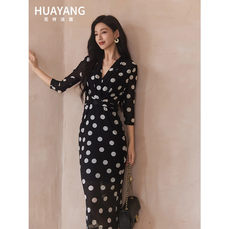 法国茵芝本INZB黑白波点连衣裙女新款夏季气质收腰显瘦包臀裹身裙