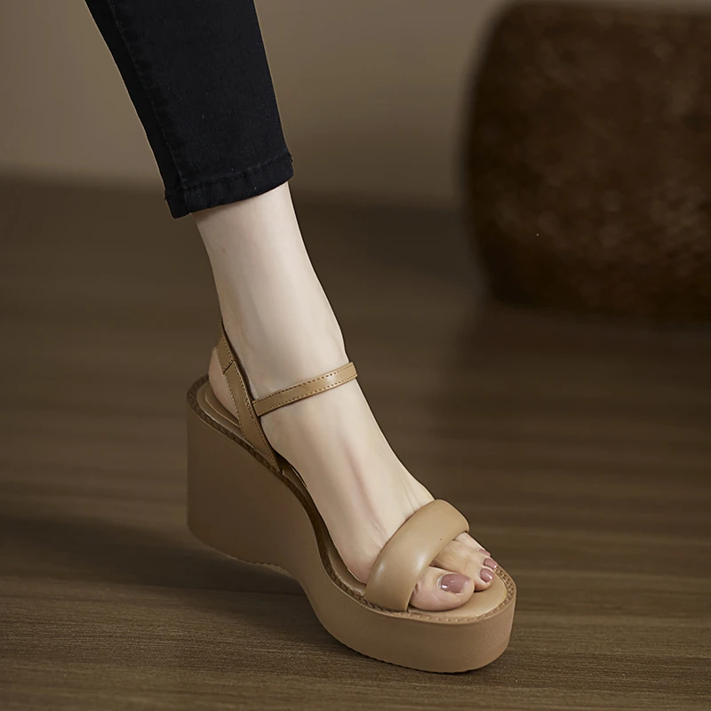 小个子手工女鞋9.5cm~坡跟凉鞋女露趾一字带凉鞋女款2025新款爆款