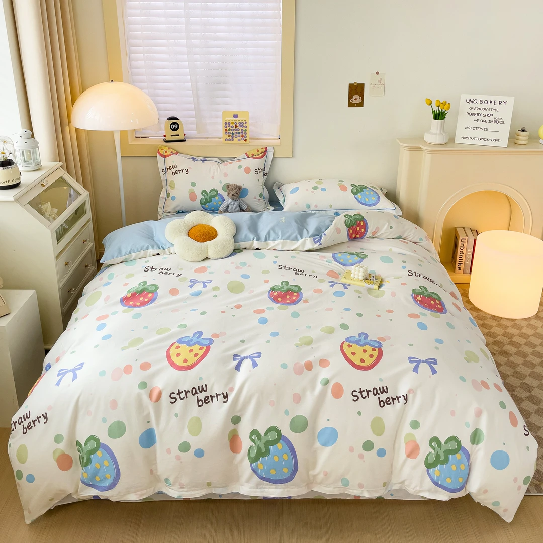 小玲子 多巴胺草莓 全棉纯棉印花三件套四件套 可爱小清新被套
