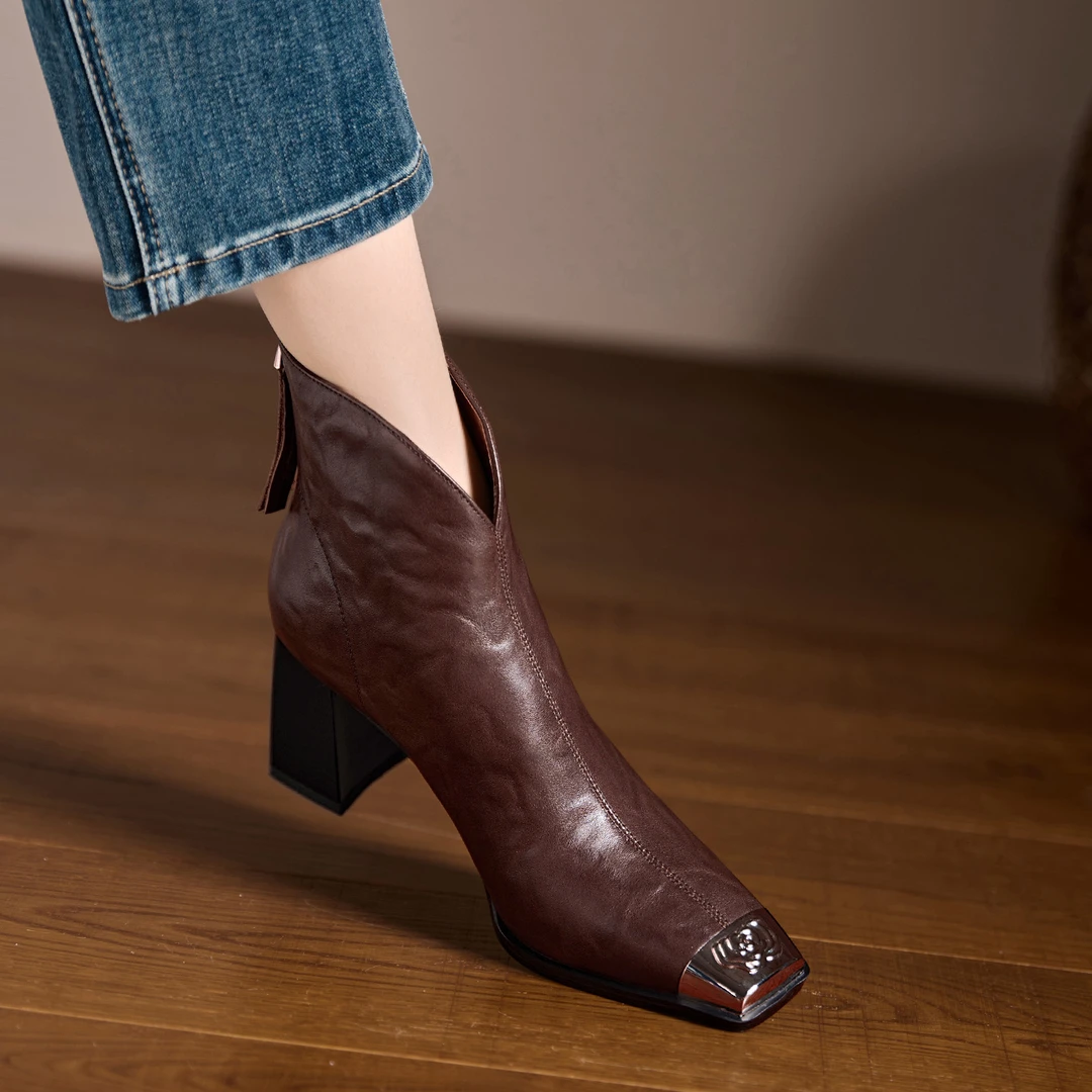 小个子手工女鞋7.5cm~粗跟真皮短靴高跟方头切尔西靴金属头马丁靴