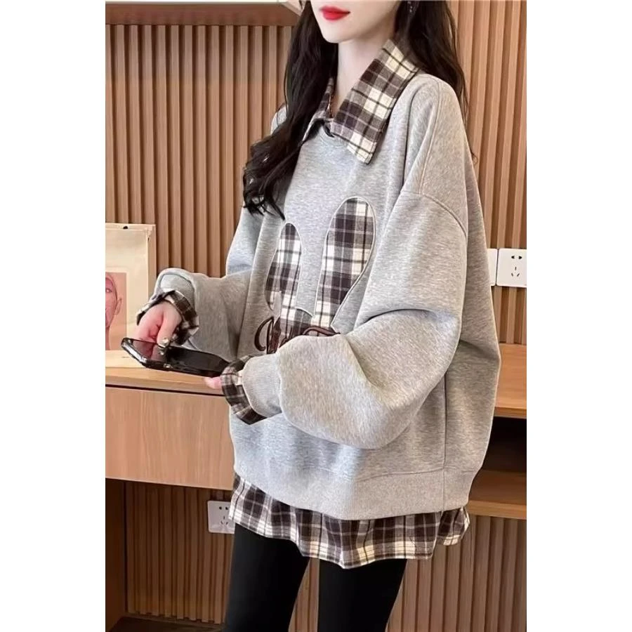 新疆西藏包邮假两件polo领卫衣女上衣2025春秋新款宽松慵懒风美式