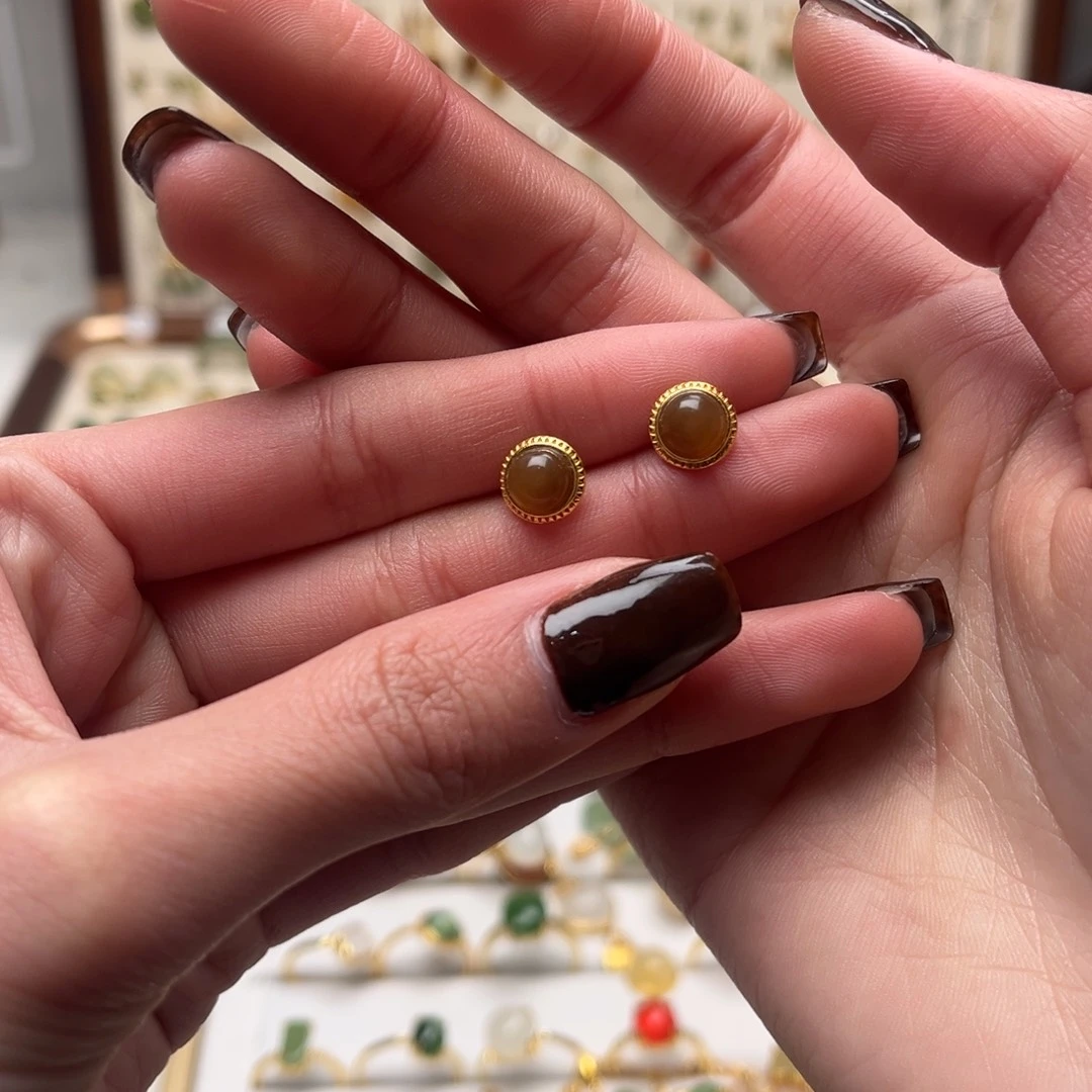 和田玉银S925镀金镶嵌耳坠