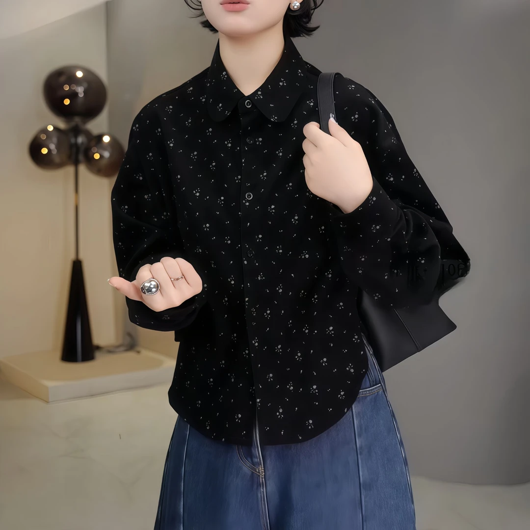 韩系碎花长袖衬衫2025秋季弧形单排扣碎花翻领扣袖百搭宽松上衣女