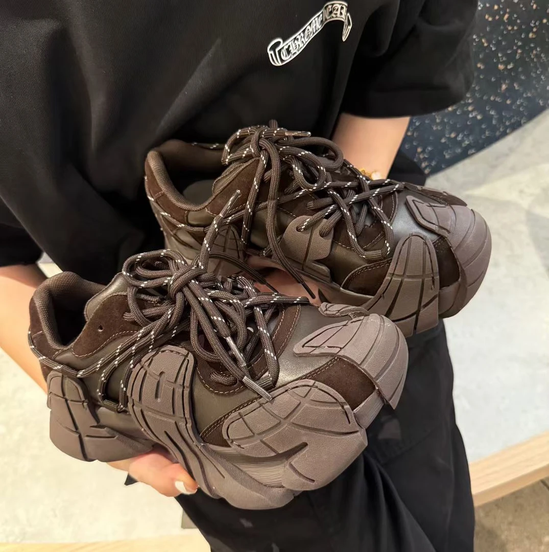 老爹鞋休闲鞋做旧复古鞋子厚底棕色系带女士女鞋男鞋