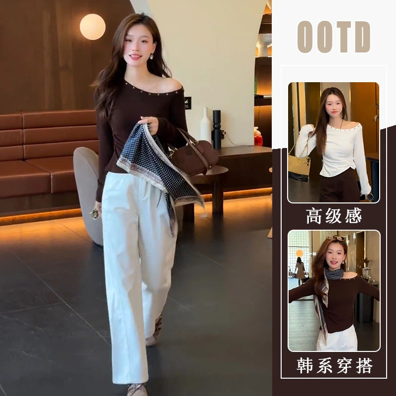 高级简约感纯色露肩针织衫休闲裤两件套女2025秋季超火穿搭一整套