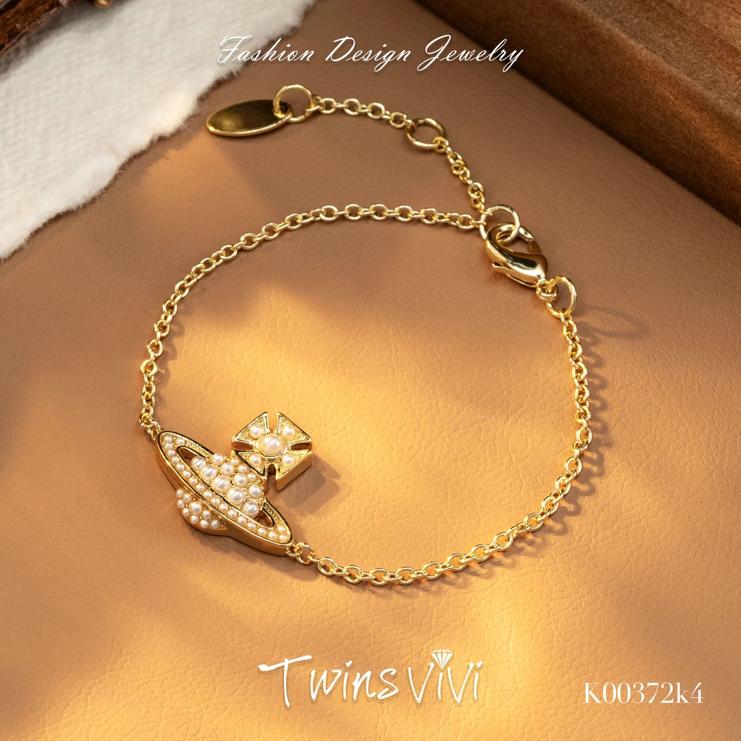 TWINS VIVI 铜合金合成锆石手链 镀k金 满镶珠珠土星手链/K00372