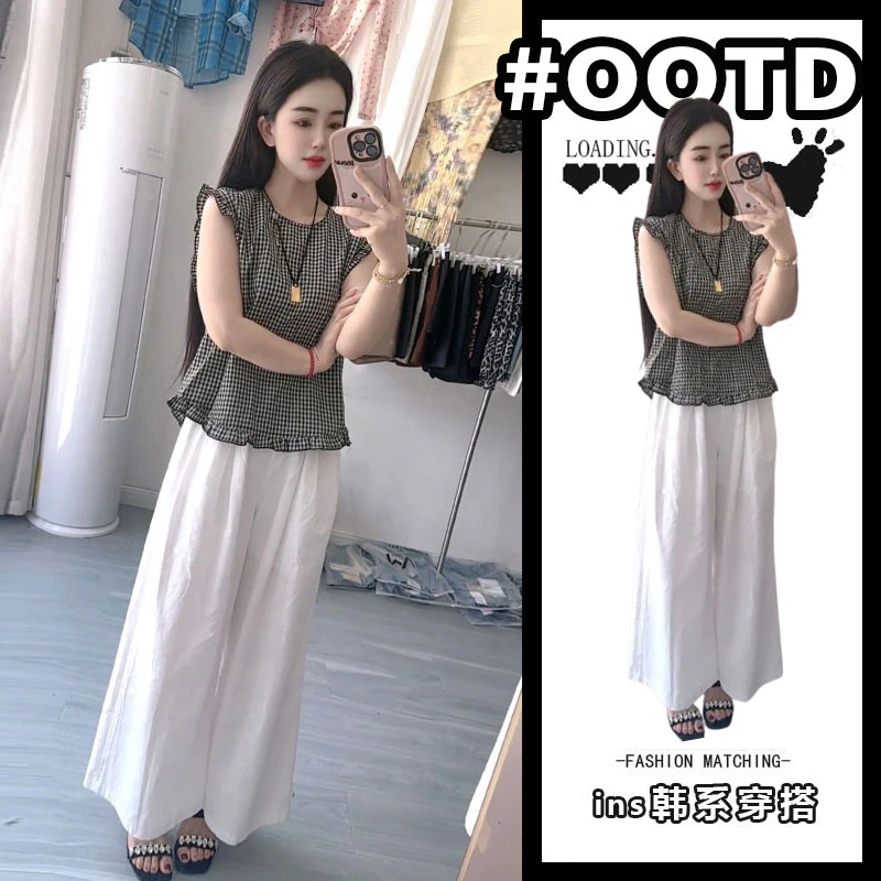 2025夏季超火穿搭套装赫本风法式小众飞飞袖格子上衣休闲裤两件套