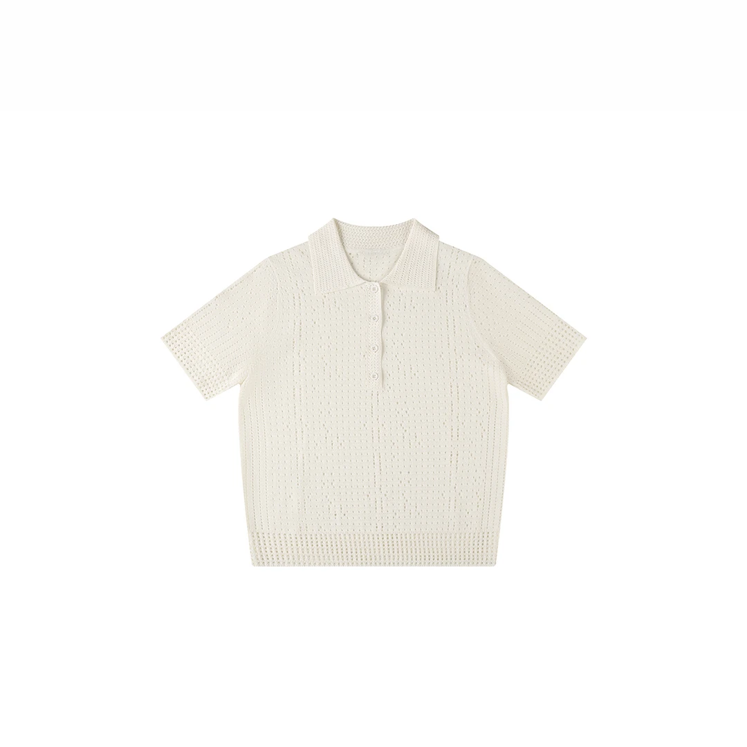 【米叨叨】针织POLO领短袖镂空设计时尚短袖上衣 716