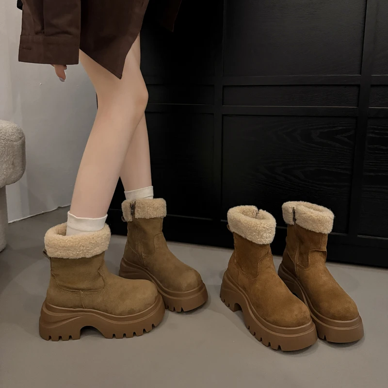 雪地靴女款2025新款秋冬季时尚百搭复古厚底增高加绒保暖棉鞋短靴