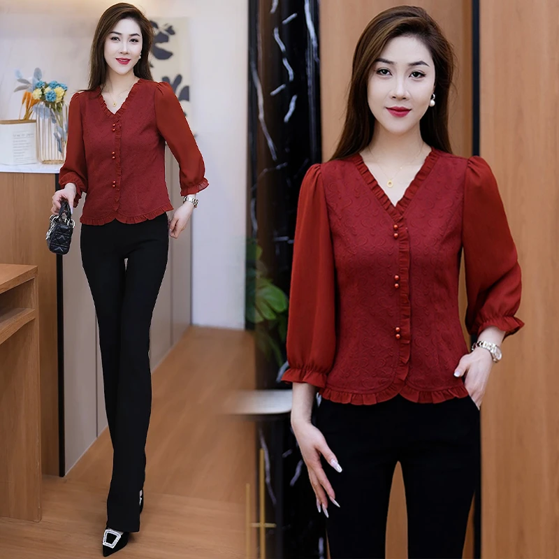 时尚短款V领长袖花边衬衫女2025春秋新款设计感洋气显瘦休闲上衣