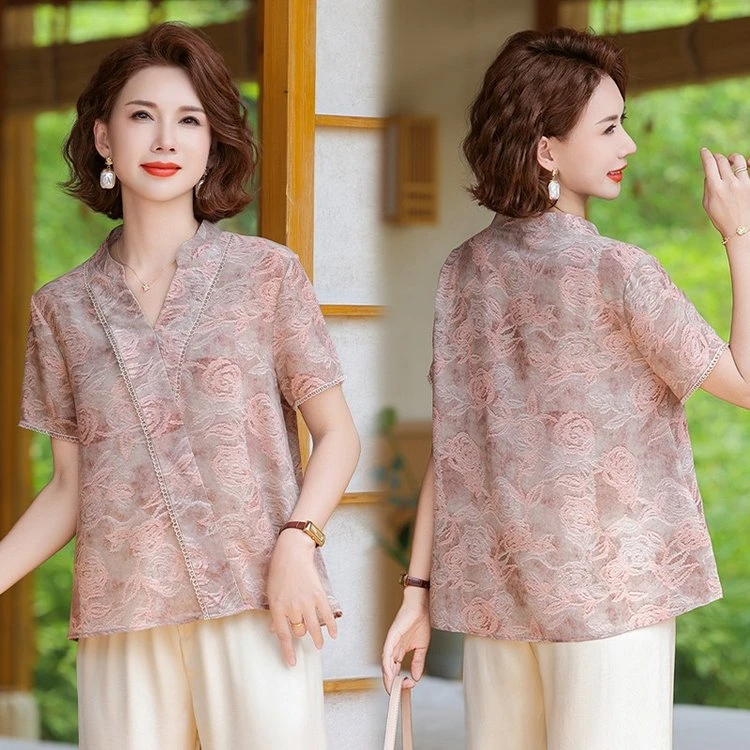 中年妈妈装气质小衫套装夏季新款时尚夏装印花短袖显瘦高级两件套