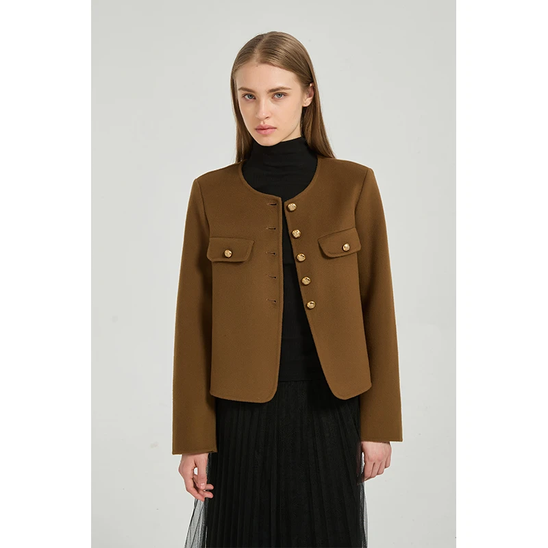 花繁纯羊毛双面呢气质2025秋冬季法式复古新款短款大衣小毛呢外套