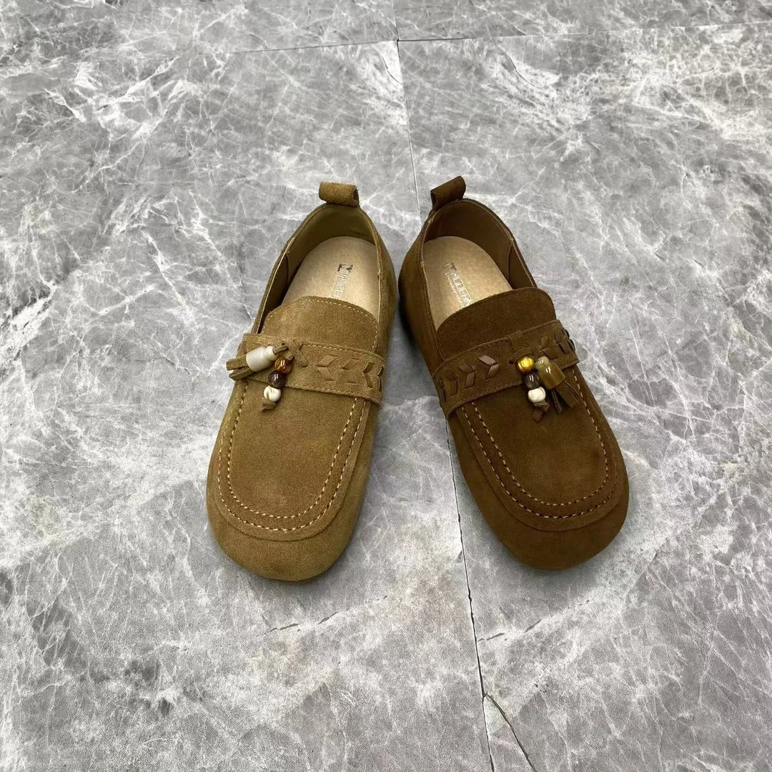 防滑圆头夏季秋季薄款胶粘单鞋舒适棕色豆豆鞋8090