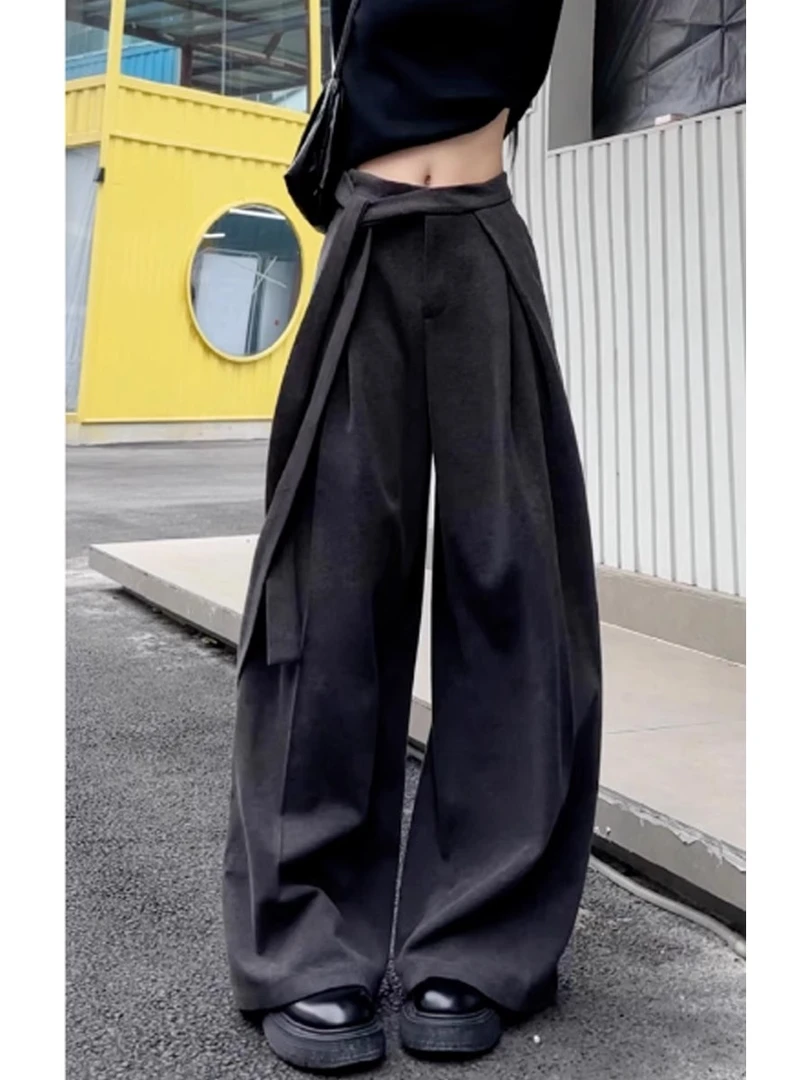 2025早秋新款大码女装高腰绑带休闲阔腿裤梨形身材显瘦宽松拖地裤
