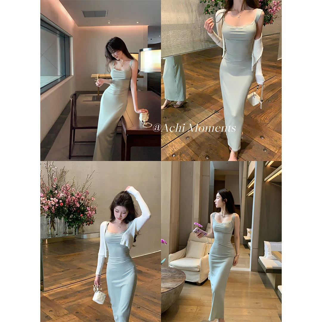 ACHI大也池◆skims美学~蕾丝拼接吊带连衣裙
