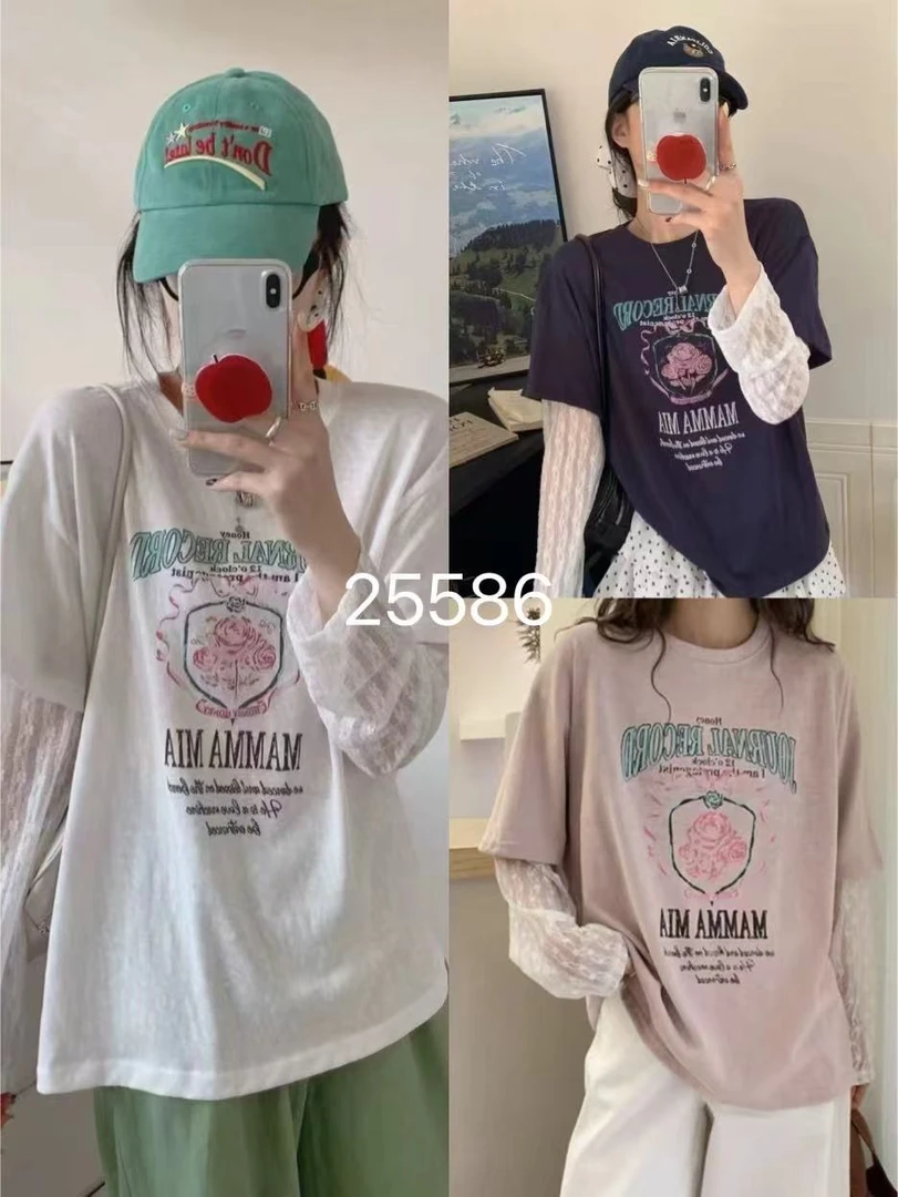 阿悄家 夏季新款 玫瑰庄园假两件蕾丝长袖#25586