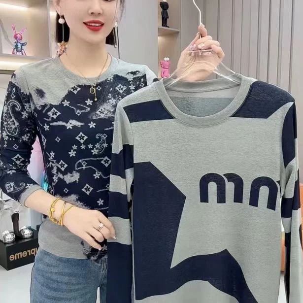 2025夏季新款拼色印花打底长袖时尚洋气显瘦百搭上衣T恤套头