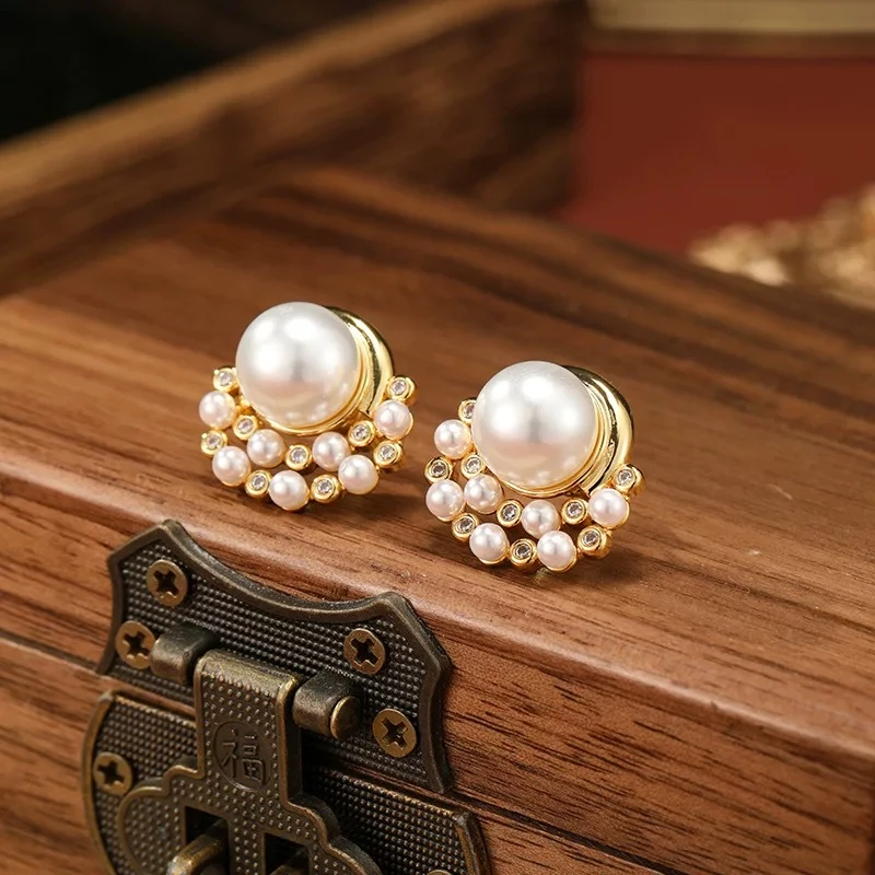 铜合金耳饰 925银针微镶锆石简约珍珠耳钉耳环高级感时尚轻奢耳饰