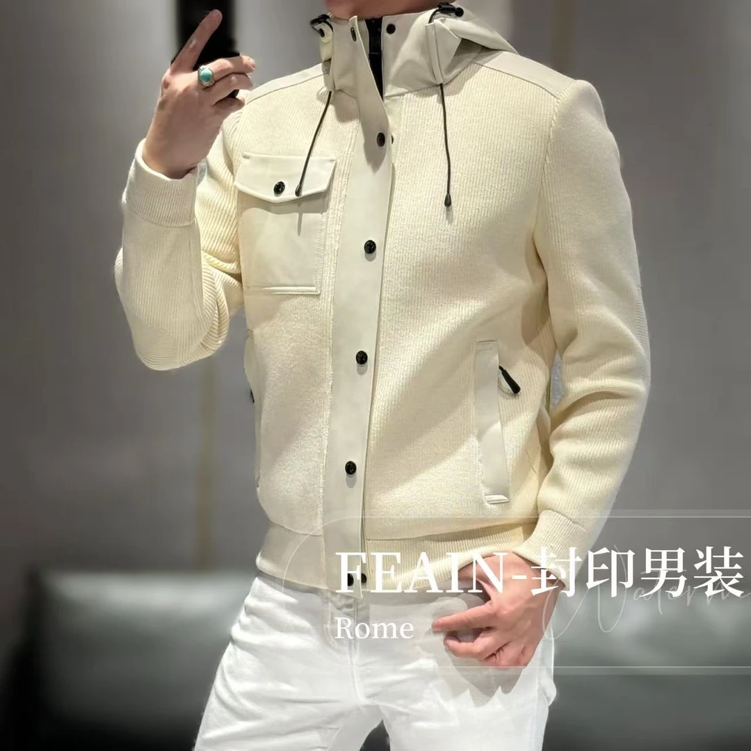 【真皮拼接】高端男士真皮拼接连帽粗针织休闲夹克25822