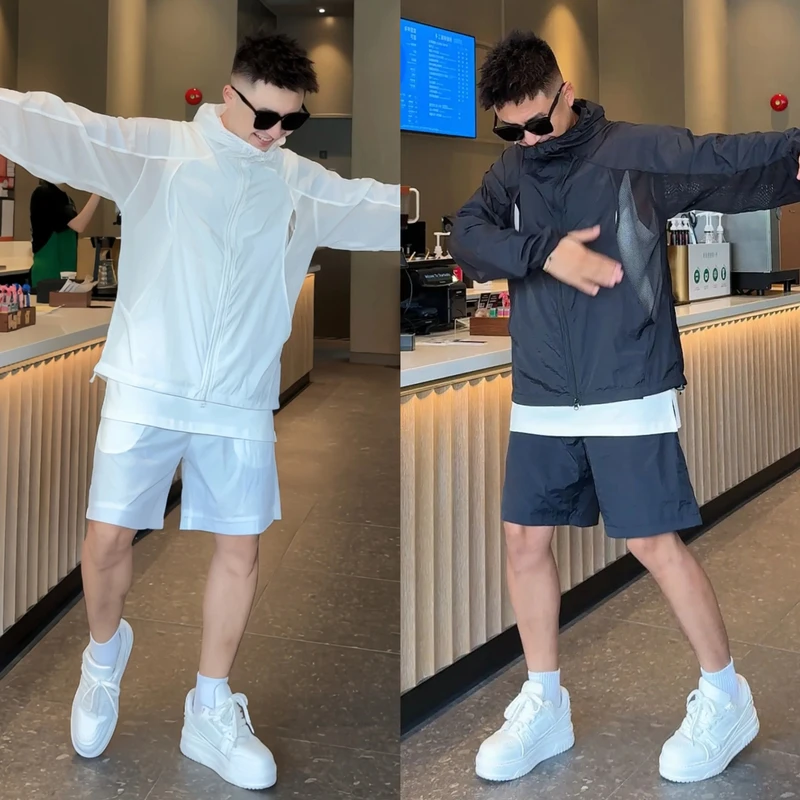 夏季轻薄网眼透气休闲防晒套装男士设计感情侣连帽外套短裤两件套