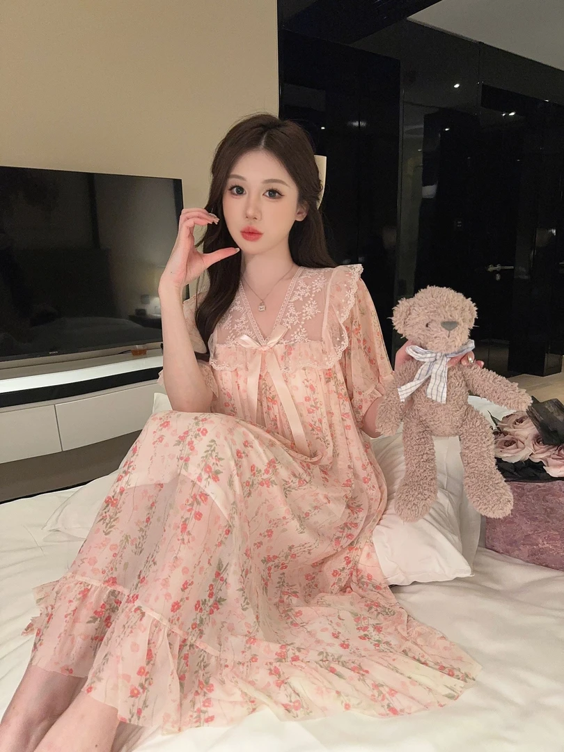 （嘉之馨）睡衣女夏季2025年新款仙女风碎花蕾丝网纱睡裙家居服