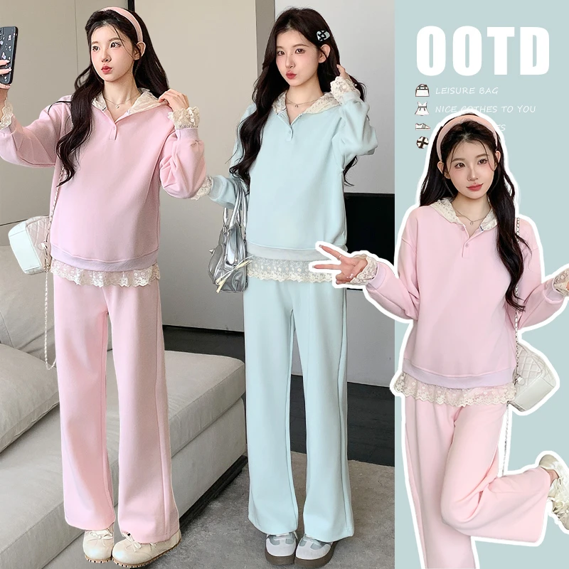 孕妇装2025秋季新款套装时尚休闲蕾丝拼接连帽卫衣搭长裤春秋穿搭