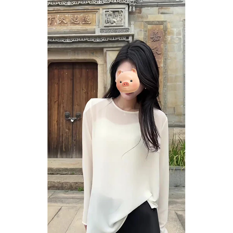 白色不规则开叉圆领长袖T恤女夏季薄款外搭防晒衣宽松空调衫上衣