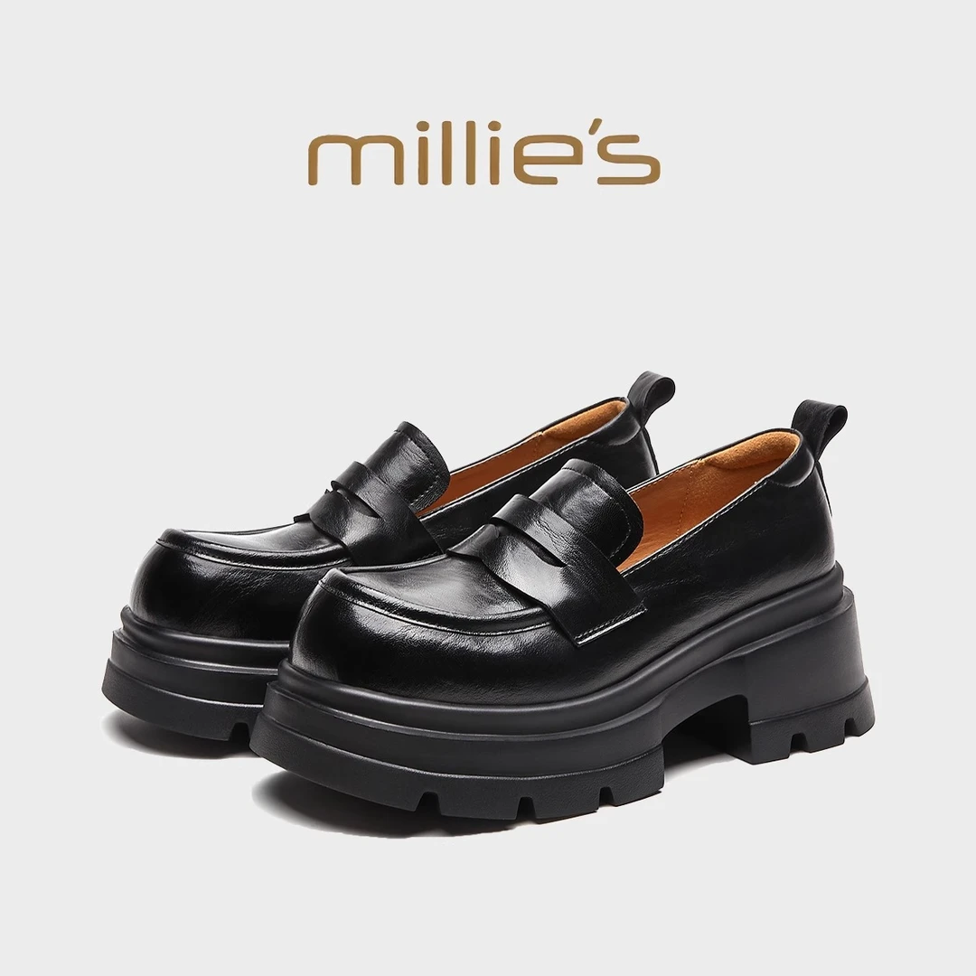 millies妙丽 圆头厚底小个子增高气质精致优雅简约百搭时尚小皮鞋