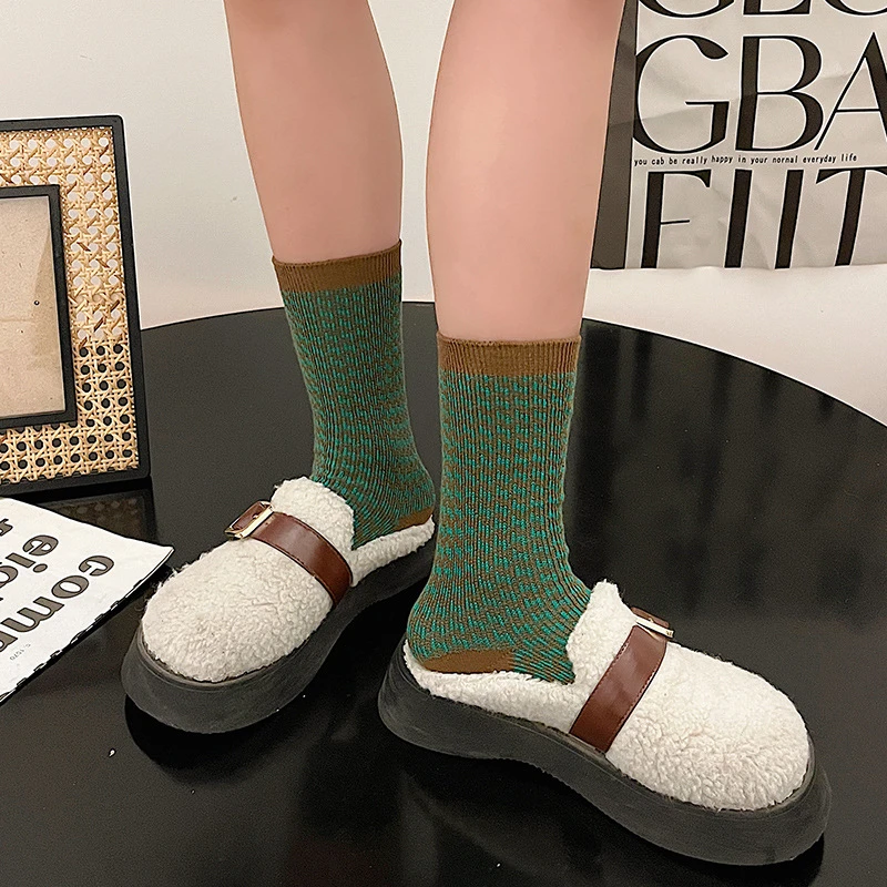 双针双路冬季复古日系百搭千鸟格女堆堆袜ins潮袜透气吸汗中筒