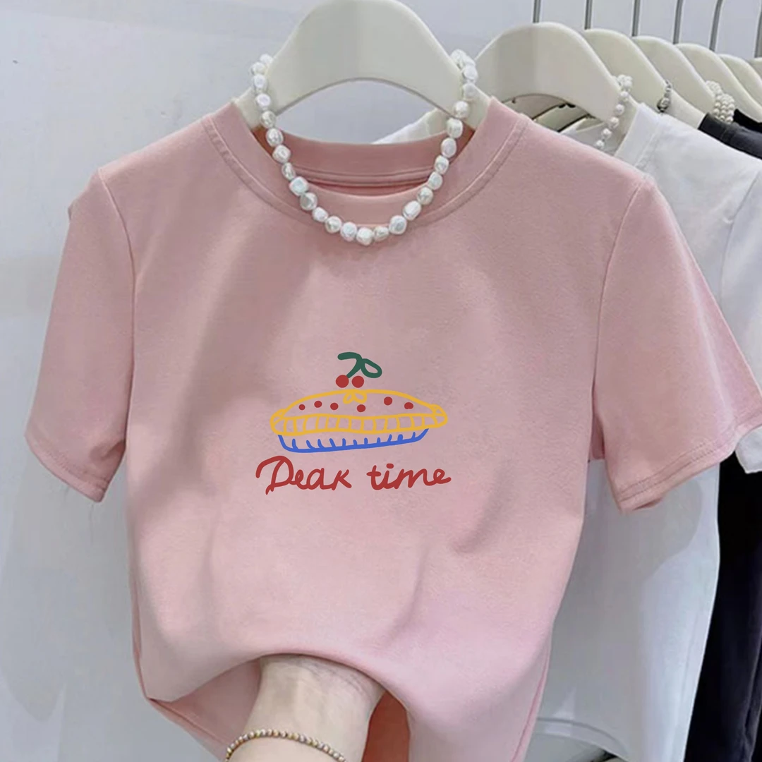 夏季新款T恤圆领贴图Deak time线条派印花纯棉短袖女修身显瘦上衣