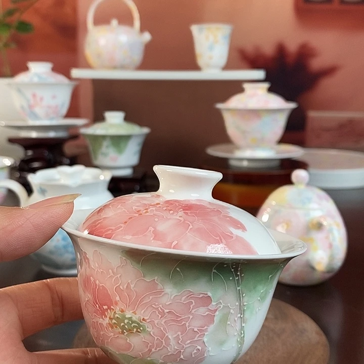 荷韵盖碗釉下手绘高温