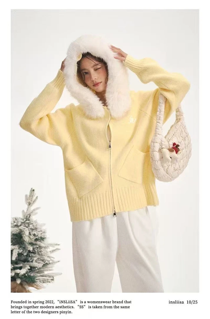 insliisa外套软糯慵懒风温柔连帽毛领针织衫女秋新款休闲百搭毛衣