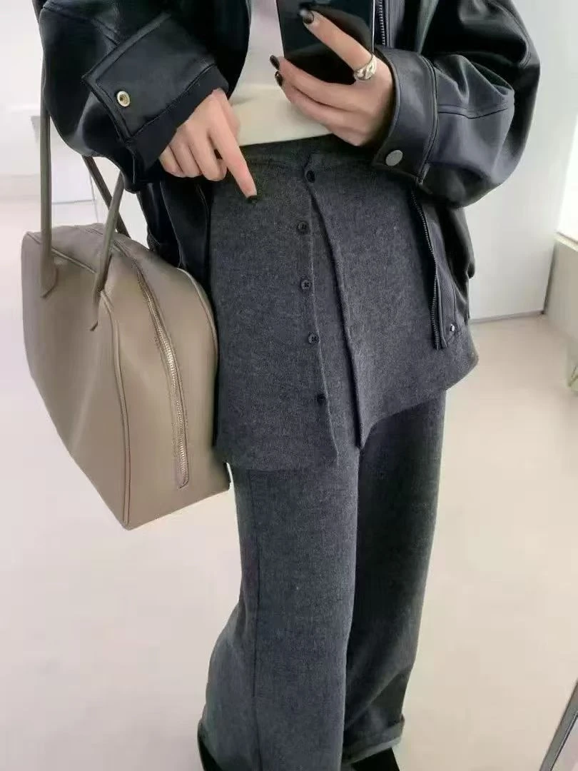 加绒加厚款黑色长裤显瘦休闲裤假两件套韩版高腰屁帘裤ff90381