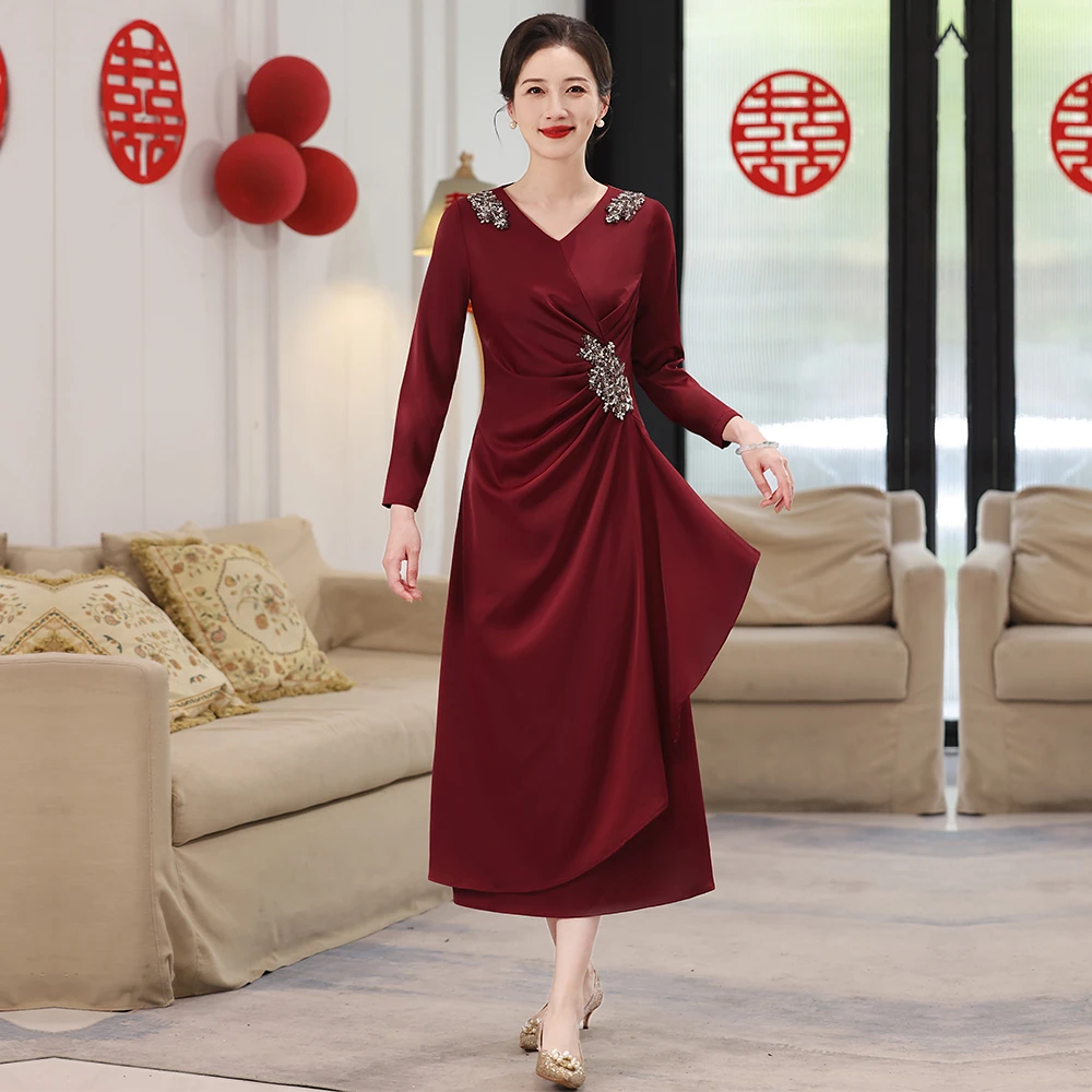 旗袍春秋冬喜婆婆婚礼连衣裙中国风喜妈妈宴会女装新中式大码礼服