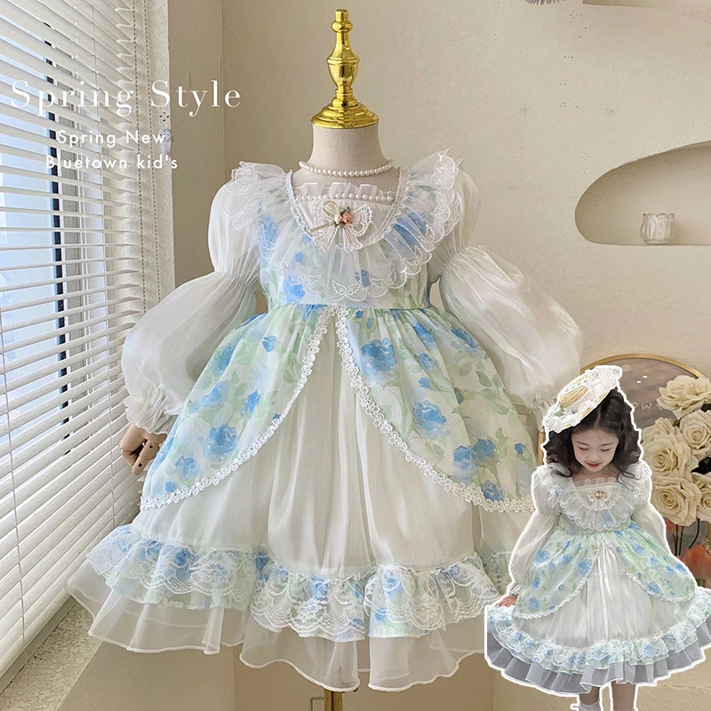 【本妈】“予人玫瑰”女童泡泡袖印花洛丽塔公主连衣裙85217 35‘