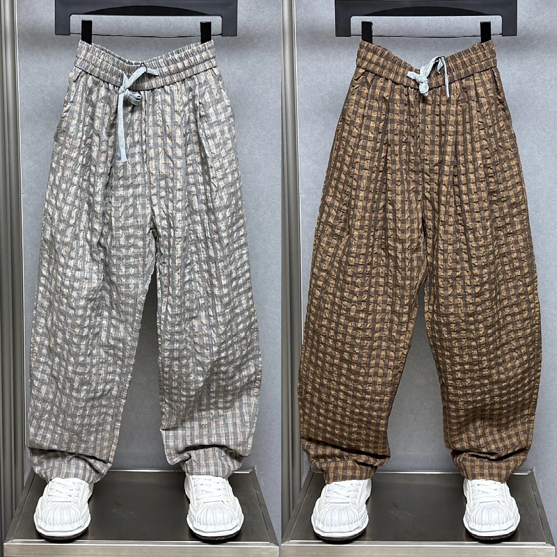 夏季薄款美式复古泡泡纱格子直筒阔腿裤男女透气宽松慵懒风休闲裤