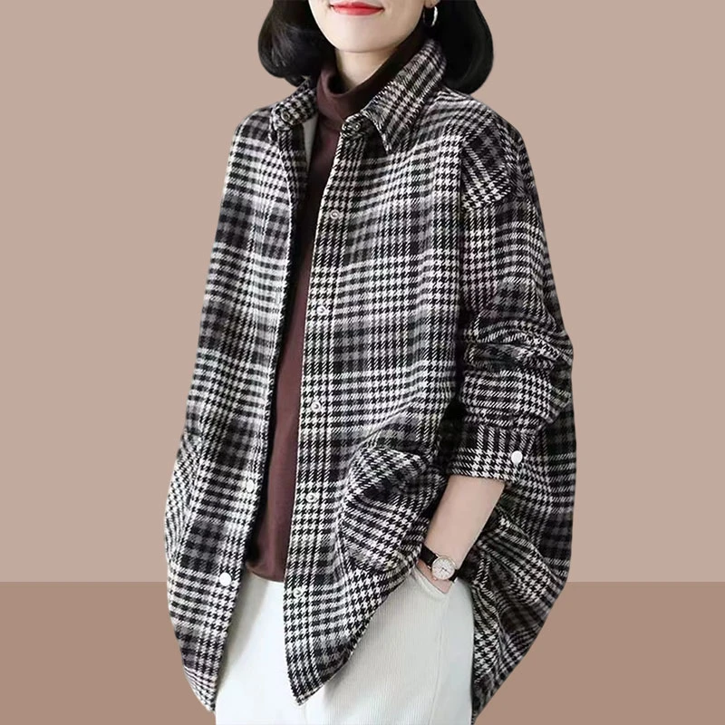 外套女新款春秋时尚新款百搭装上衣文艺格子休闲宽松中长款不加绒