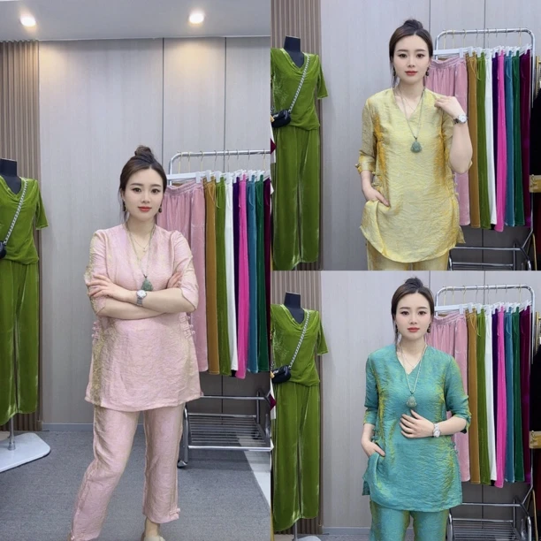 2231网红爆款七彩琉璃缎数码提花夏季套装