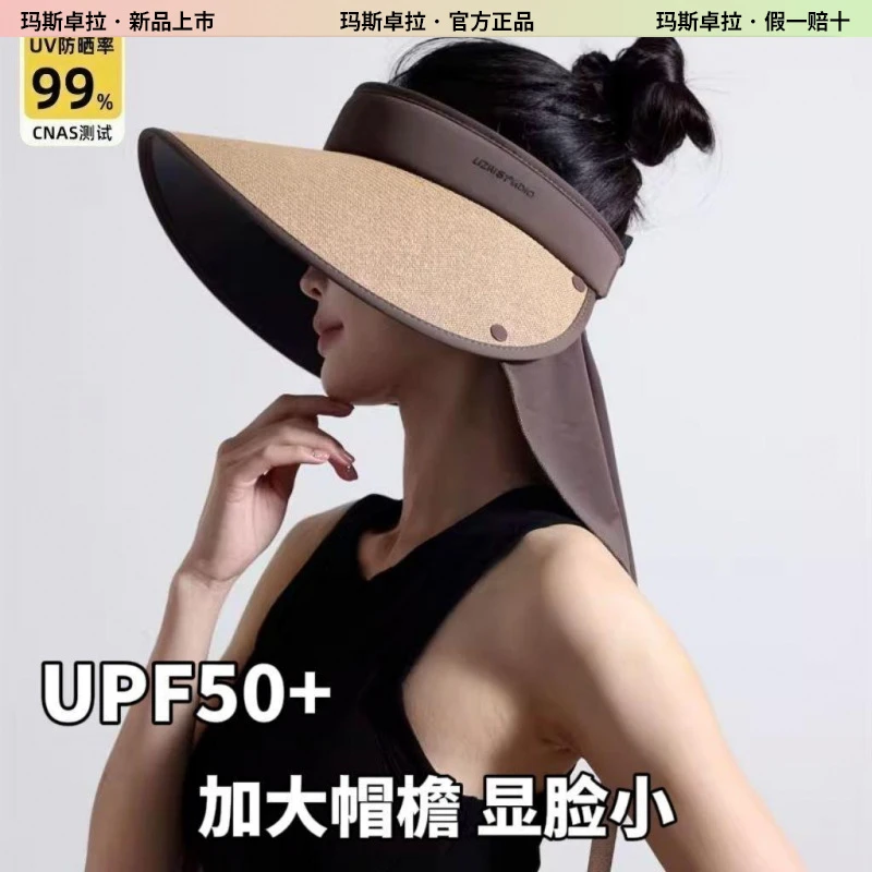 玛斯卓拉黑胶空顶防晒帽女夏防骑车护颈加大帽檐草编环绕式可折叠