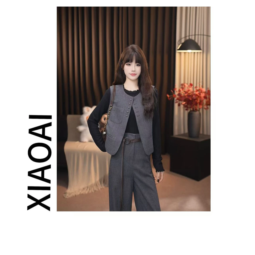 【良衣专属】2025早秋新款套装马甲+直筒裤+打底+腰带四件套F158