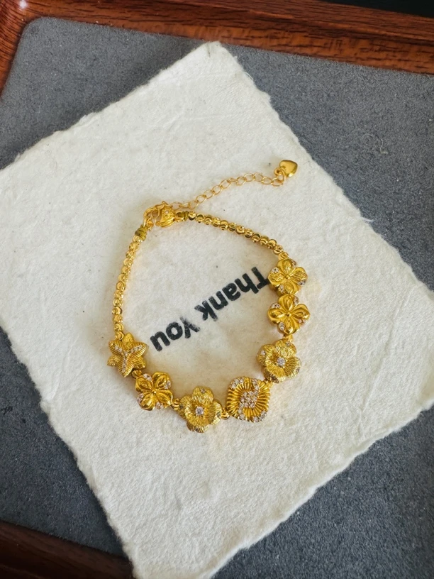 铜合金锆石手链 新中式拉丝金色花朵女轻奢精致百搭复古小众饰品